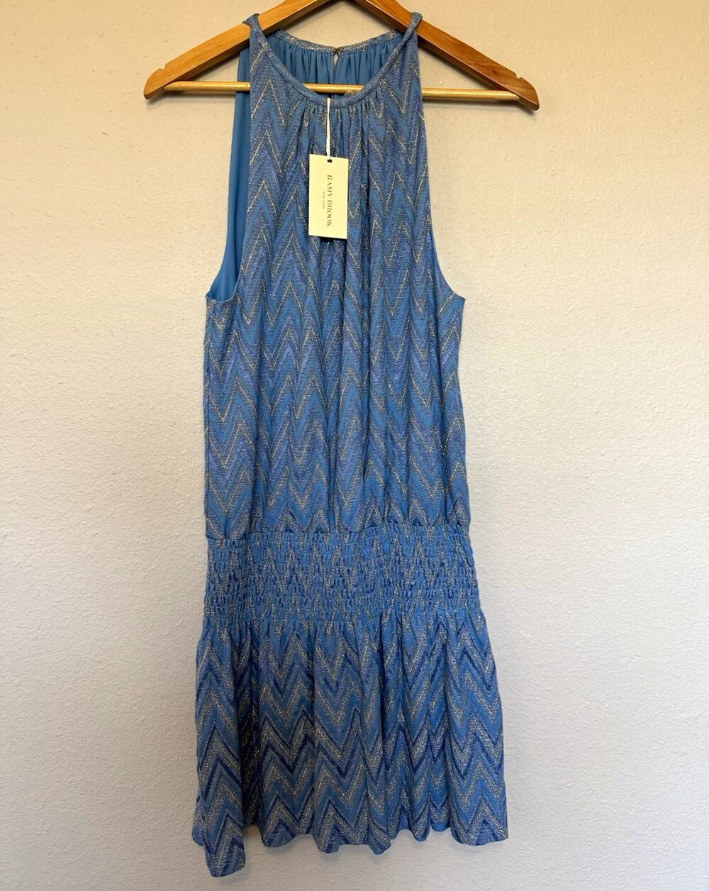 Ramy Brook Blue Chevron Shift Mini Dress Halter Neck Lined Smocked Zip size XL